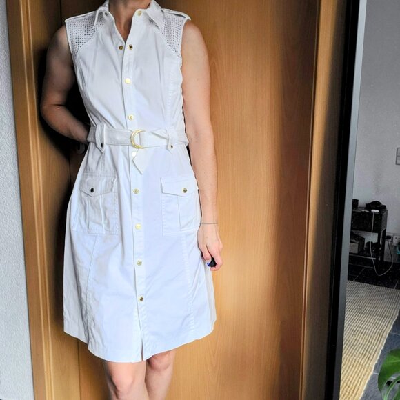 Calvin Klein White Sleeveless Belted Button Front Shirt Dress Size 4 - Picture 11 of 11